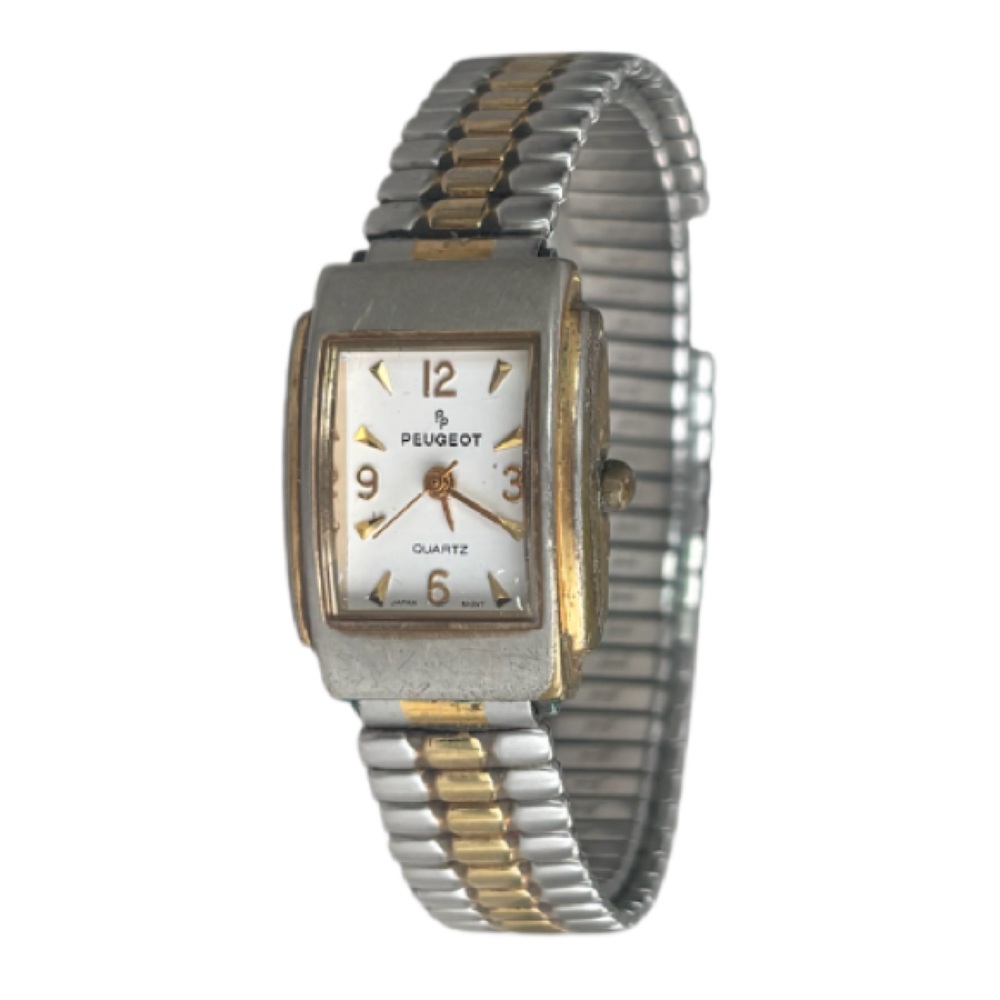 Vintage Peugeot Quartz Watch Rectangle Square Face Chunky Wrist Cuff Silver Gold
